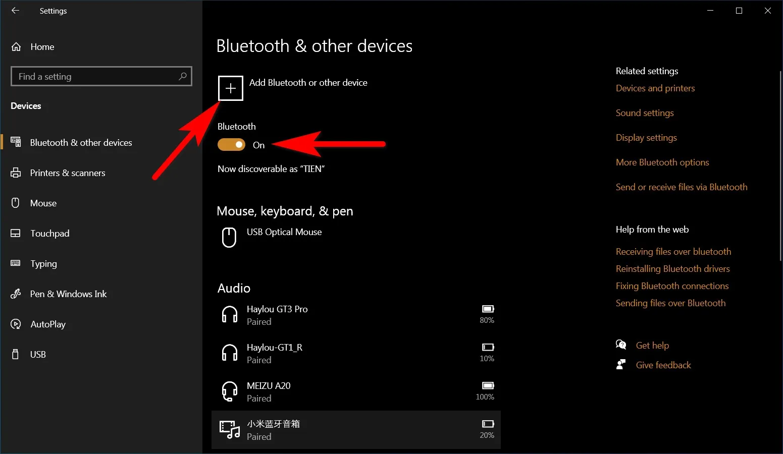Nút bấm thêm thiết bị mới trong menu cài đặt Bluetooth & other devices