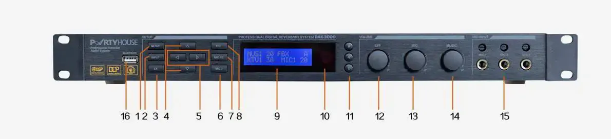 Bảng điều khiển và các nút bấm trên vang số DAK 3000