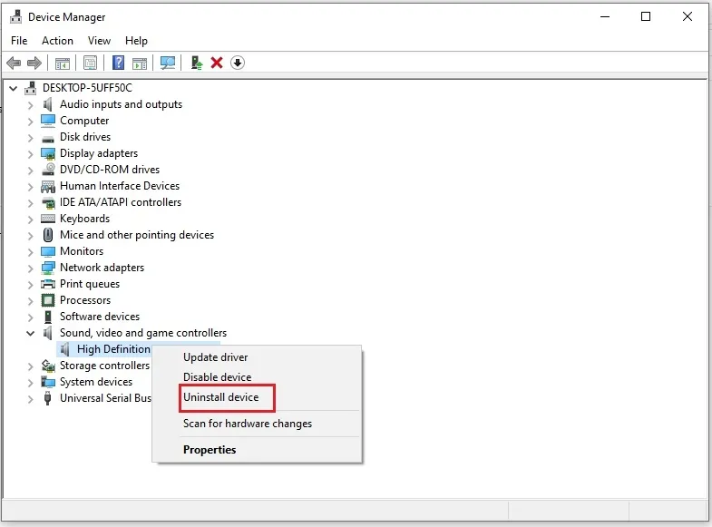 Gỡ driver âm thanh trong Device Manager