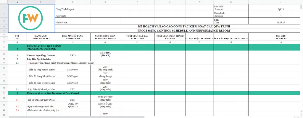 Bảng tiến độ Excel