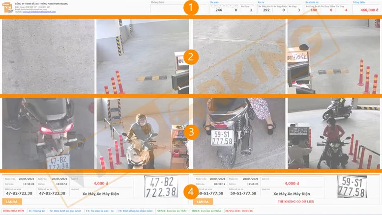 Giao diện máy giữ xe được chia làm 4 khu vực chính