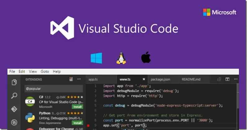 Giao diện Visual Studio Code với theme tối và sidebar extensions