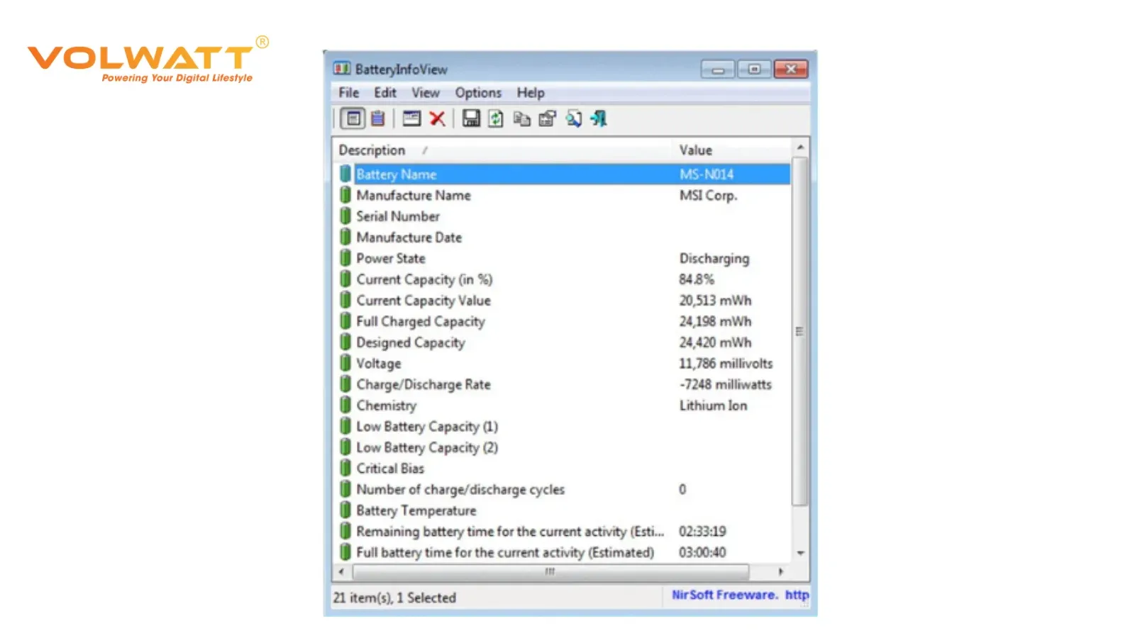 Giao diện phần mềm BatteryInfoView trên Windows