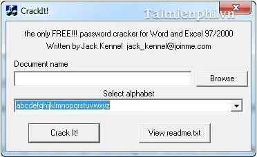 Giao diện CrackIt với các tùy chọn bộ ký tự và nút Crack