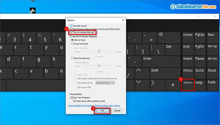 Chọn thứ tự như hình để bật Numlock trên bàn phím ảo