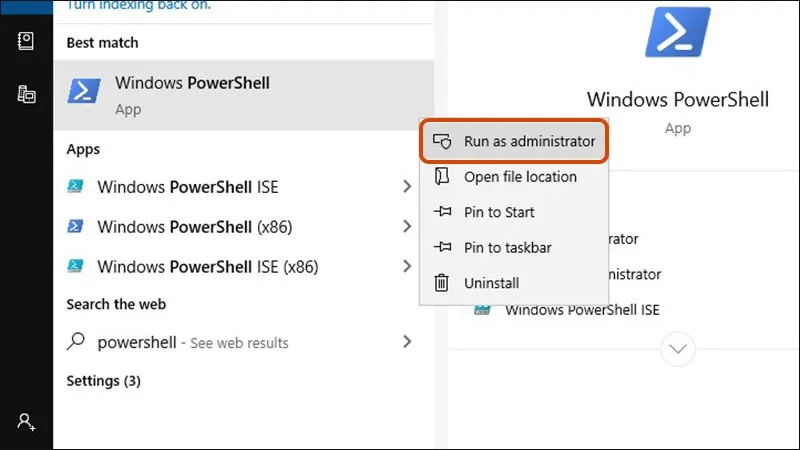 Chạy PowerShell với quyền quản trị