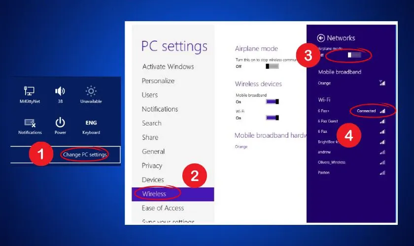 Quản lý các kết nối mạng và chế độ máy bay trong phần cài đặt của Windows 8