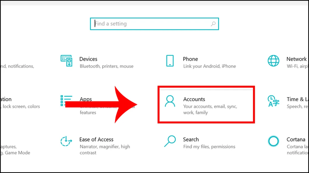 Mở Accounts để quản lý tài khoản Windows 10 quên mật khẩu laptop win 10 quản lý tài khoản người dùng