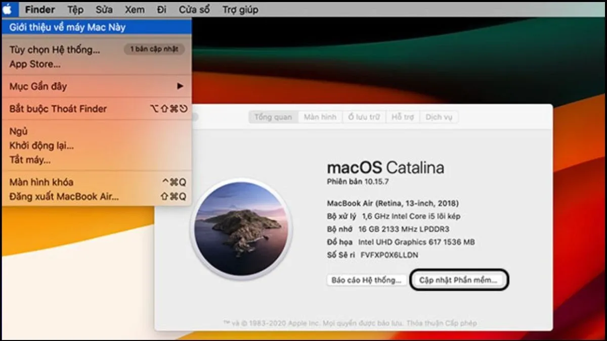 Nhấp vào Menu Apple => Chọn About This Mac => Chọn ô Software Update