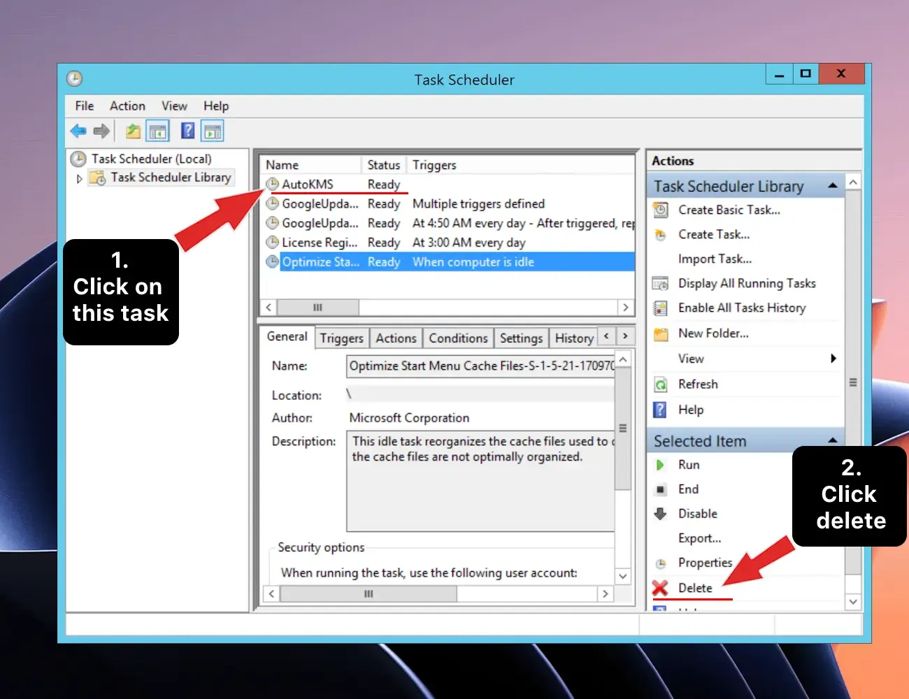 Xóa tác vụ AutoKMS trong Task Scheduler để gỡ bỏ hoàn toàn công cụ