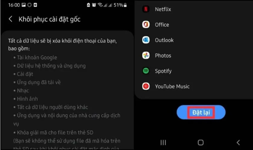 Xác nhận reset trên Android