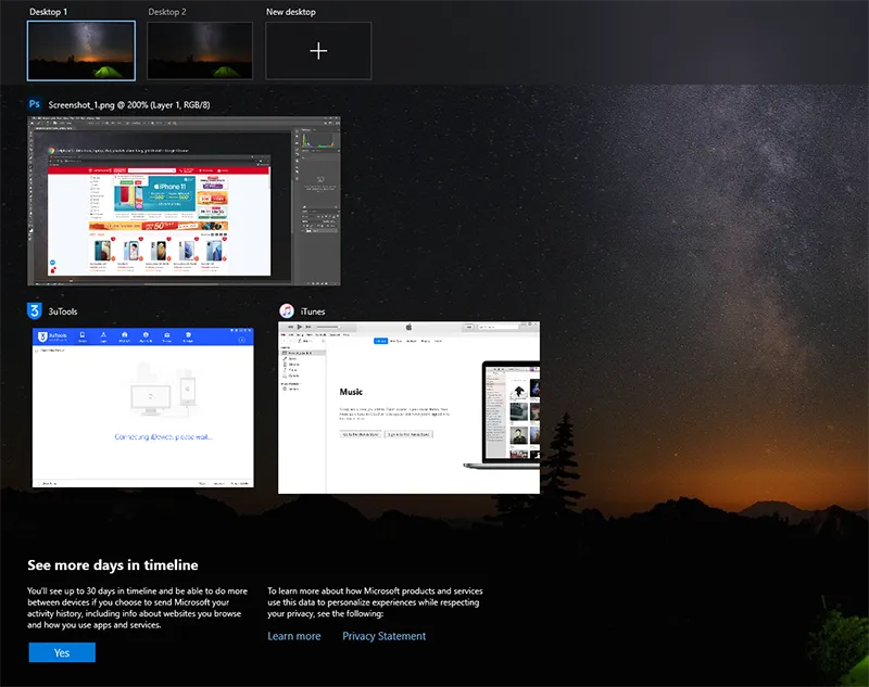 Giao diện Task View với desktop ảo