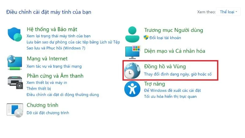Má»Ÿ Control Panel > Nháº¥n vào pháº§n Clock and Region