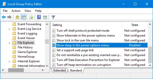 Group Policy - Show sleep in power options menu