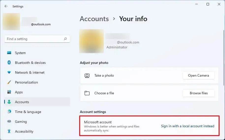 Chuyển sang tài khoản local trên Windows 11