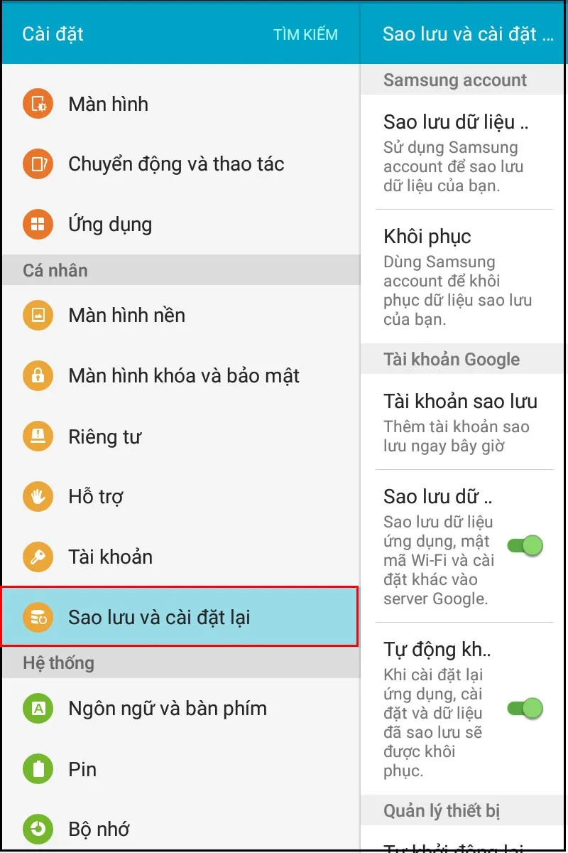 Truy cập vào tính năng sao lưu hệ thống trên các dòng điện thoại Android đời cũ