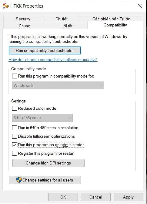 Cấu hình chạy HTKK với quyền administrator trong tab Compatibility