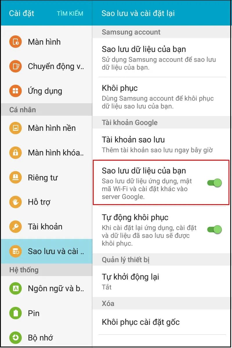 Thực hiện quá trình sao lưu dữ liệu cài đặt mạng vào bộ nhớ trong hoặc Google Drive
