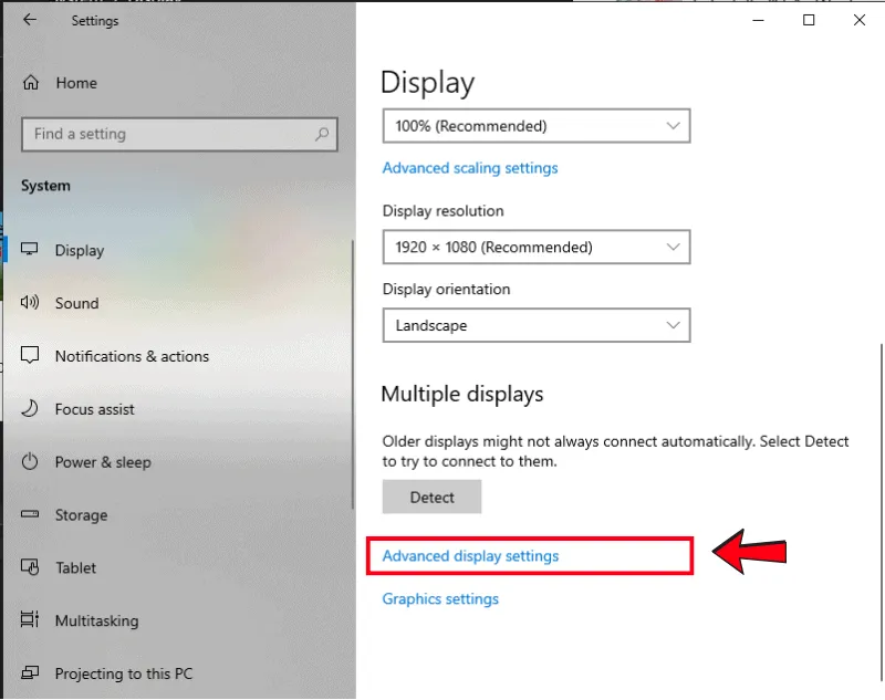 Sử dụng mục Advanced display để truy cập vào các thiết lập chuyên sâu về tần số quét màn hình