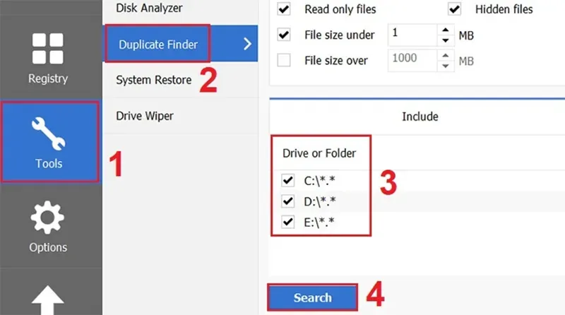Sử dụng phần mềm Ccleaner để tìm kiếm file trùng lặp
