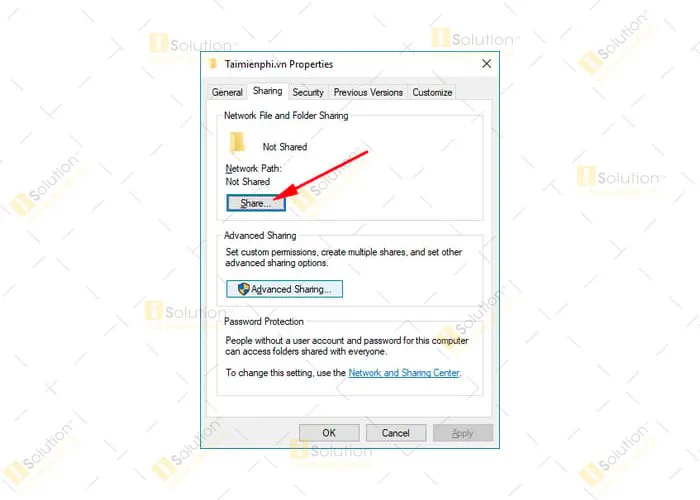 Sử dụng tab Sharing để thiết lập quyền truy cập mạng