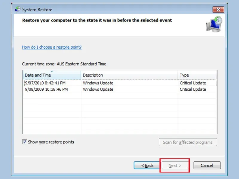 Sử dụng tính năng System Restore để quay lại trạng thái cũ