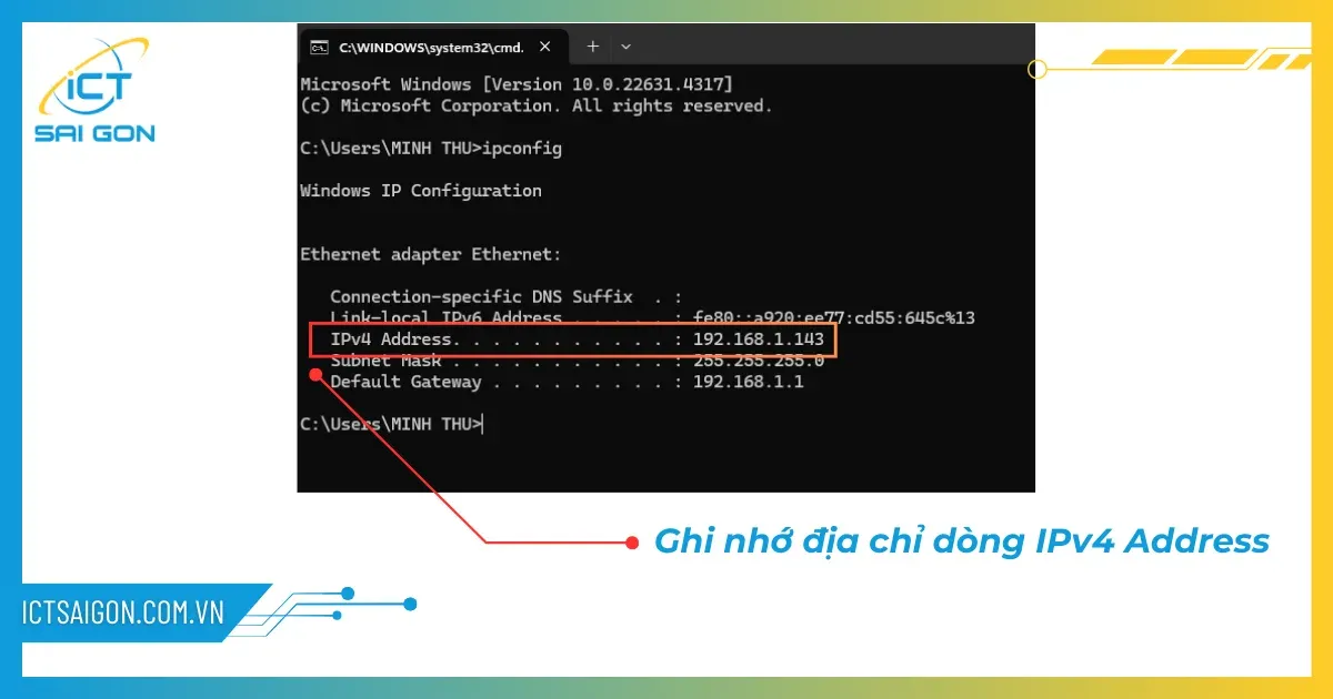 Thông số IPv4 Address cần lưu lại để kiểm tra kết nối