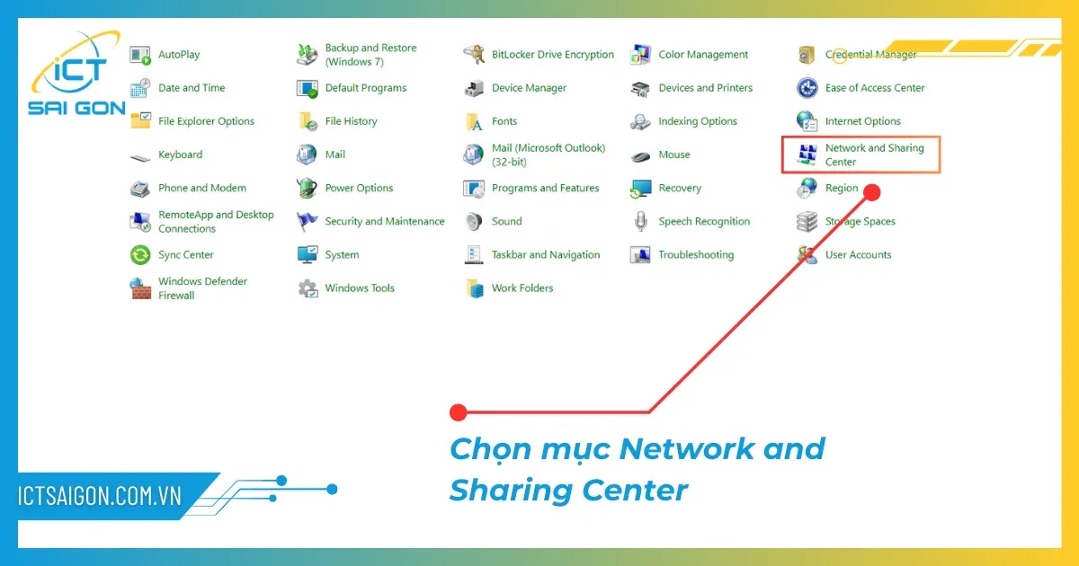 Truy cập Network and Sharing Center để cấu hình tính năng chia sẻ