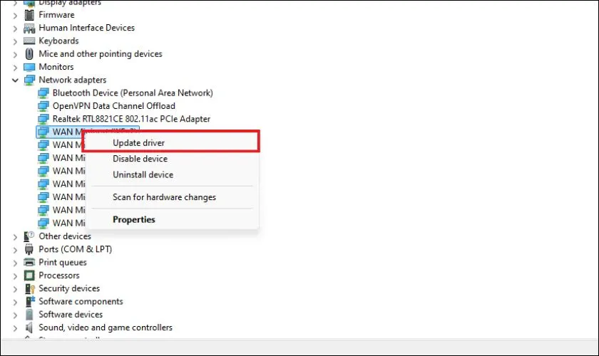 Cập nhật driver WiFi trong Device Manager