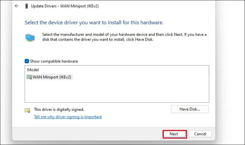 Chọn driver từ danh sách có sẵn
