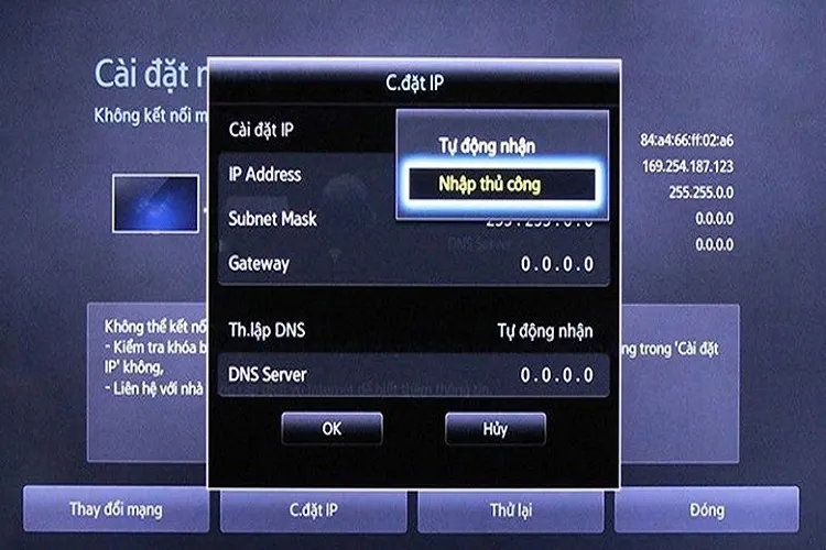 Giao diện cài đặt IP thủ công giúp tivi nhận diện đúng địa chỉ trong mạng nội bộ