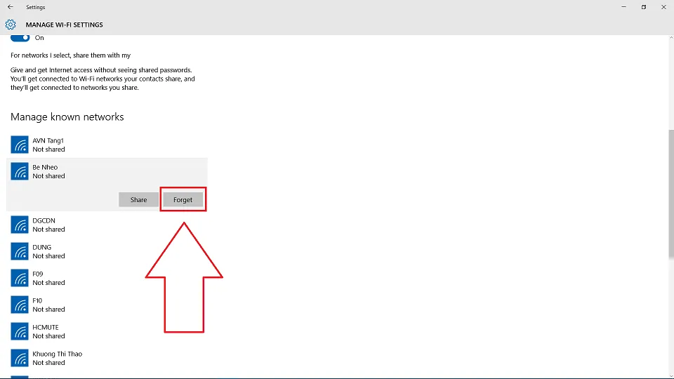 Danh sách mạng WiFi đã lưu trong Windows