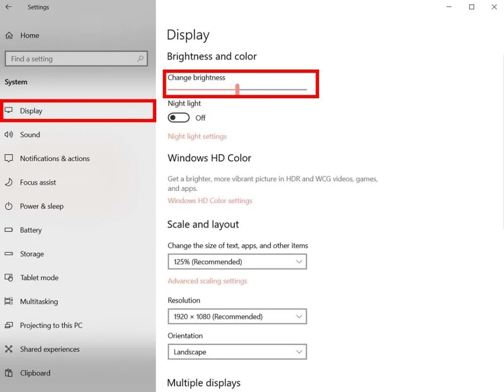 Thiết lập thông số Brightness trong mục System Display của Windows Settings