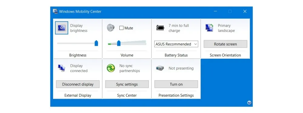 Giao diện Windows Mobility Center hỗ trợ thay đổi độ sáng màn hình nhanh chóng
