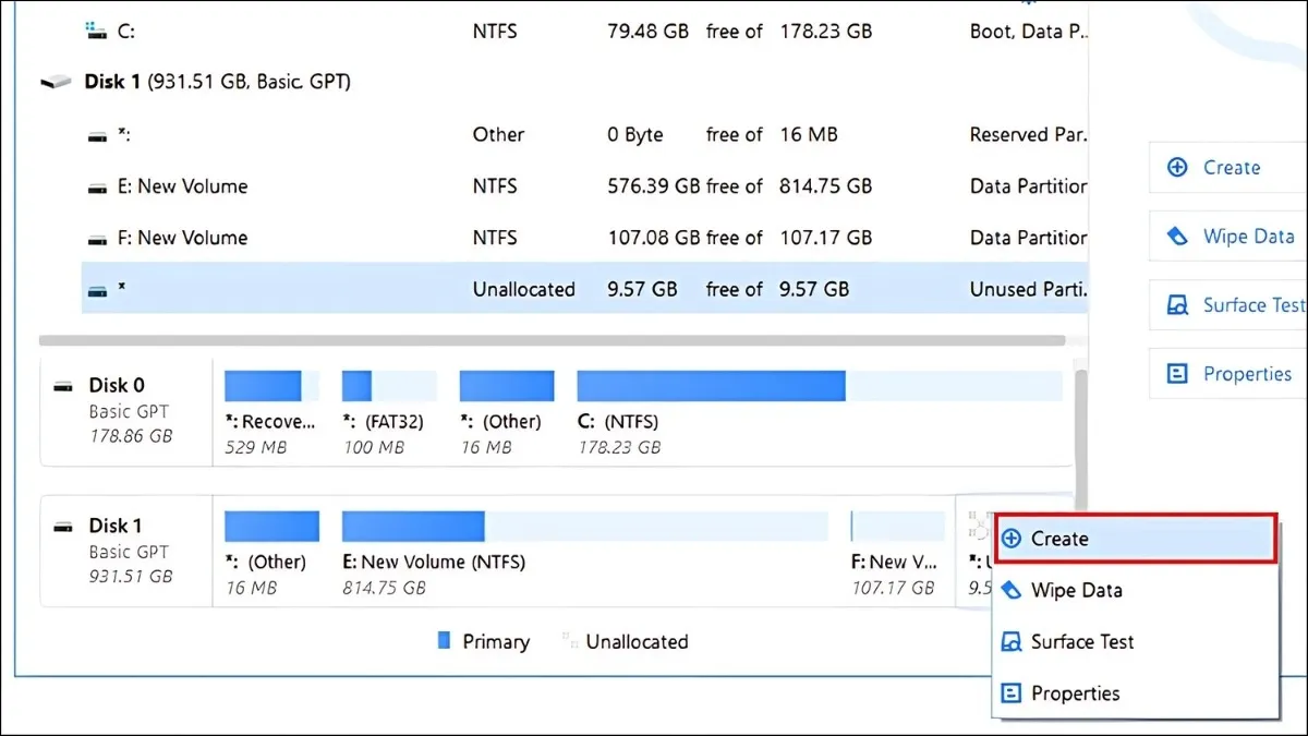 Tạo phân vùng mới từ dung lượng trống vừa được tách ra