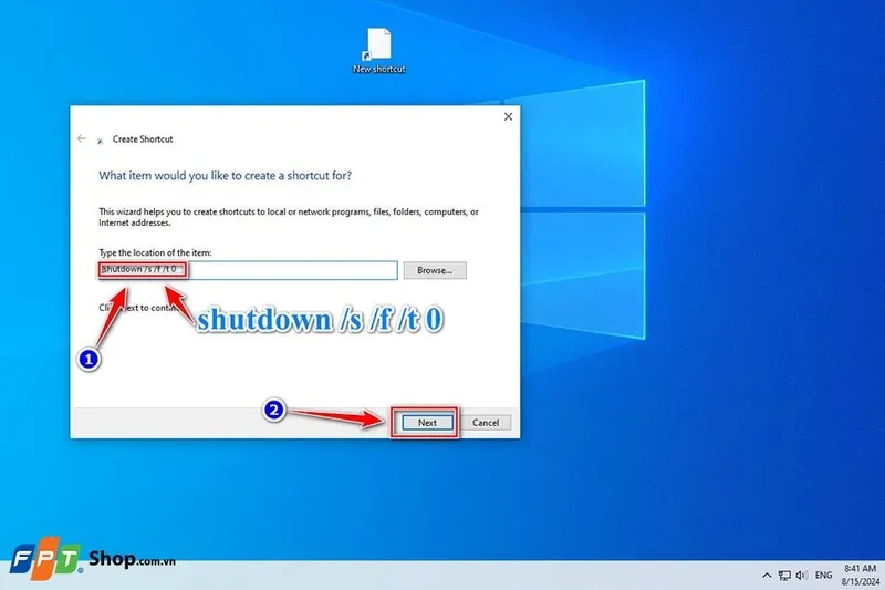 Nhập lệnh shutdown vào ô location