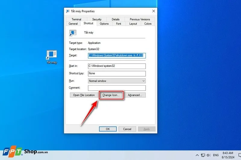 Mở properties để thay đổi icon