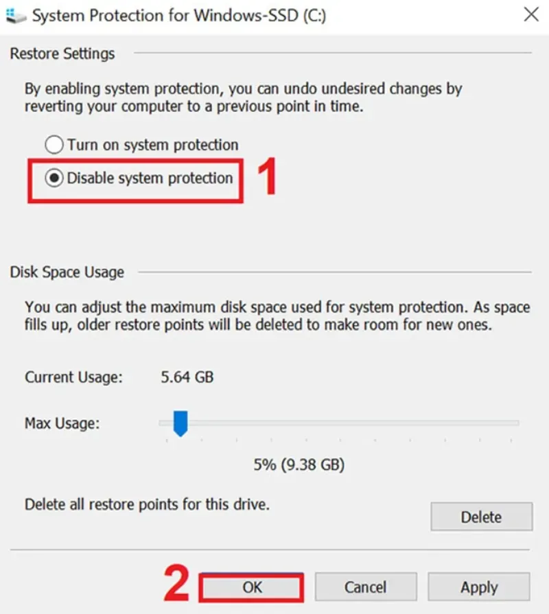 Tắt bảo vệ hệ thống để giải phóng dung lượng ổ c win 7