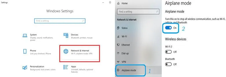 Tắt chế độ máy bay trong Settings
