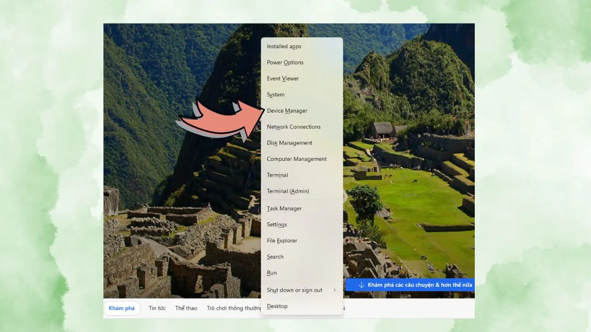 Mở Device Manager bằng phím tắt Windows + X