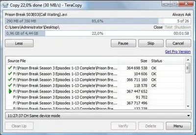 Quá trình copy file với TeraCopy