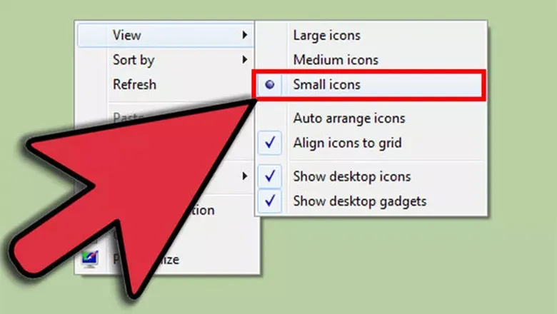 Thao tác chọn Small Icons trong menu View để thu nhỏ biểu tượng trên Win 7