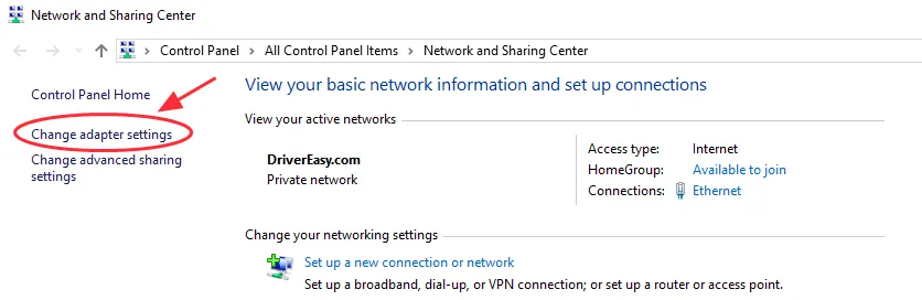 Thao tác chọn thay đổi cài đặt adapter mạng trong bảng điều khiển Control Panel của máy