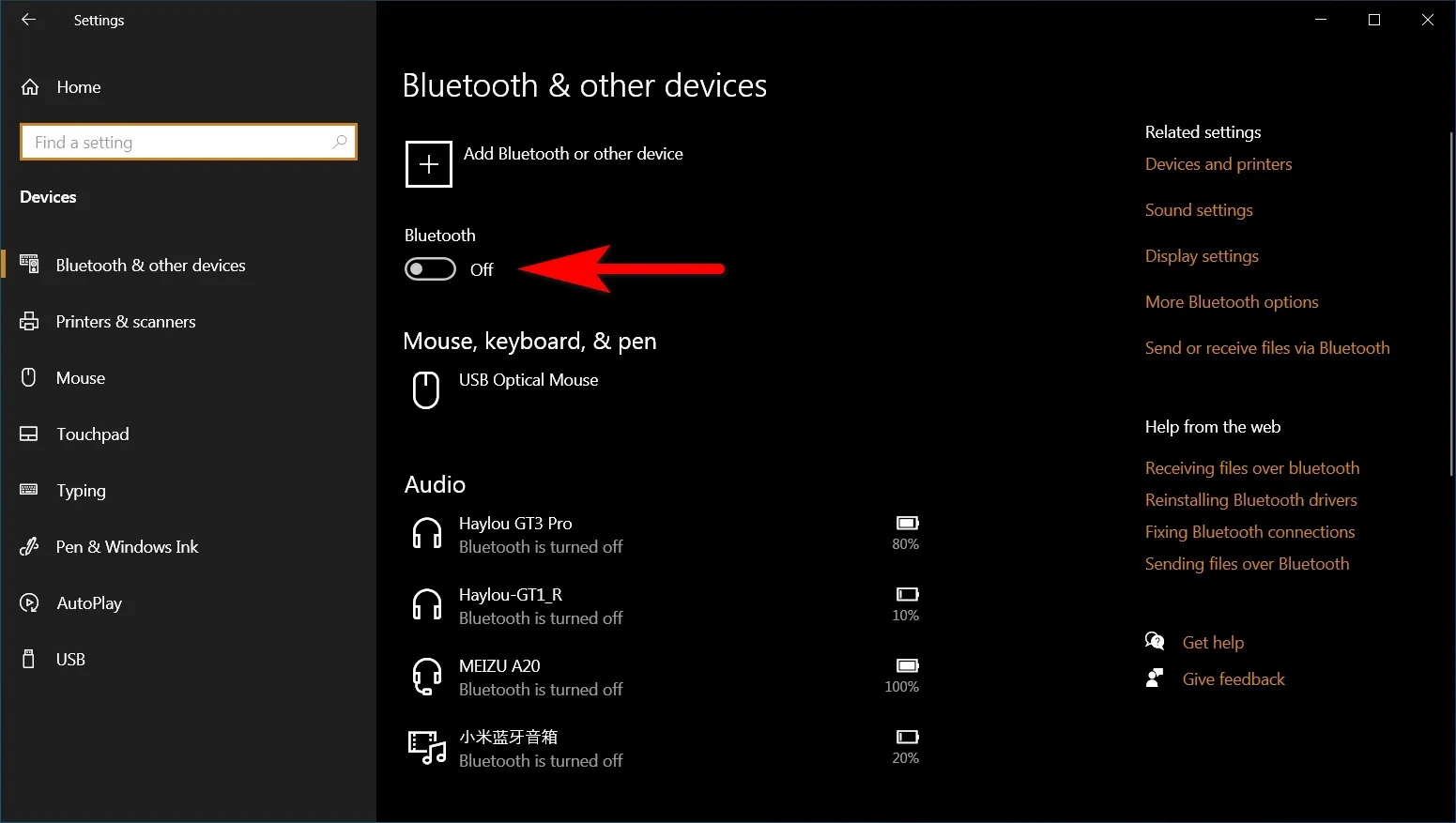 Thao tác gạt công tắc sang trạng thái On để bắt đầu sử dụng Bluetooth trên máy tính