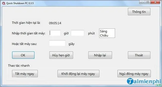 Thao tác nhanh trên phần mềm hẹn giờ tắt máy win 10 Quick Shutdown