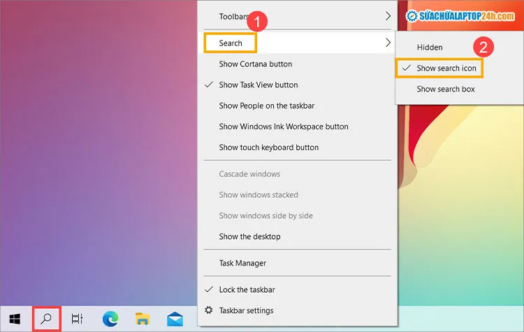 Thao tác thực hiện cách tìm kiếm trên win 10 bằng việc hiện biểu tượng kính lúp