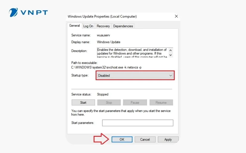 Thao tác vô hiệu hóa dịch vụ cập nhật bằng cách chọn mục Disable trong Startup type