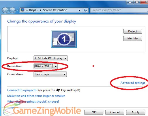 Thay đổi độ phân giải tạm thời để truy cập cài đặt nâng cao full màn hình aoe win 7