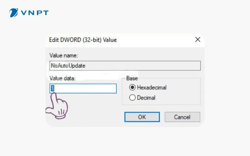 Thay đổi giá trị dữ liệu thành số 1 để vô hiệu hóa tính năng tự động cập nhật