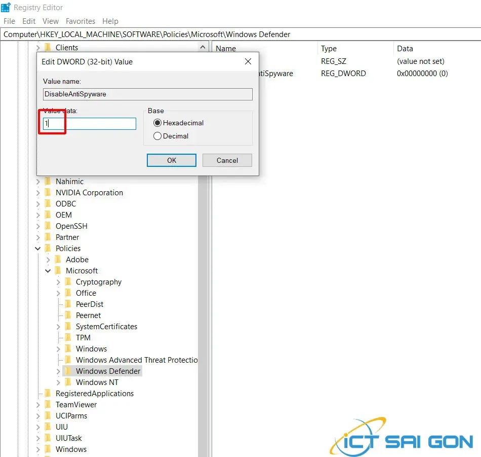 Thay đổi giá trị lên 1 trong cách tắt virus & threat protection win 10